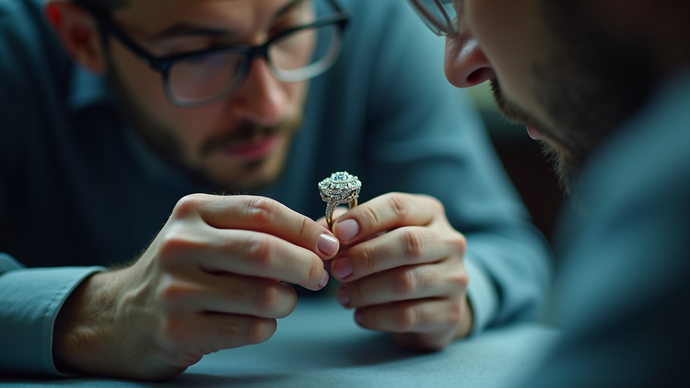Eye-level view of a jeweler examining a ring with a magnifying glass