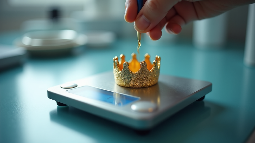 Eye-level view of a gold dental crown being appraised on a scale