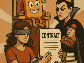 Ilustração satírica de escritora acorrentada por contrato, com editora no trono de livros ao fundo.