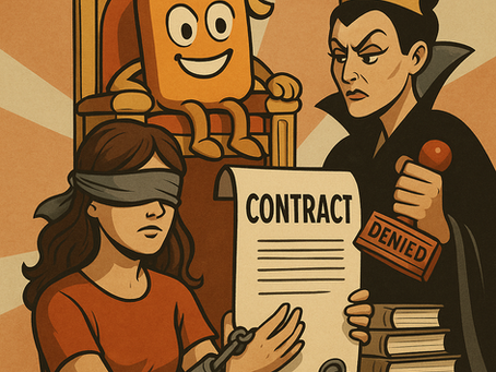 Ilustração satírica de escritora acorrentada por contrato, com editora no trono de livros ao fundo.