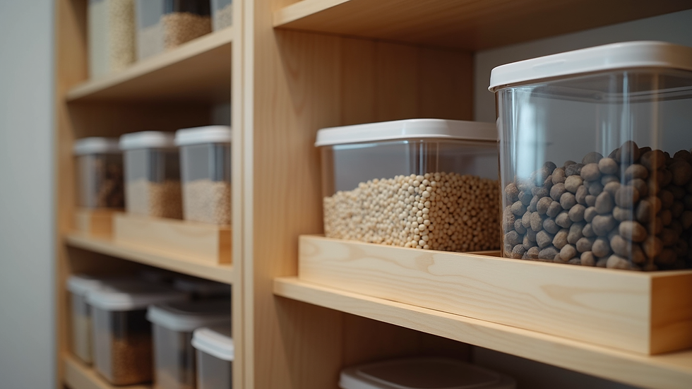 Close-up view of a kitchen pantry with pull-out shelves and organized containers