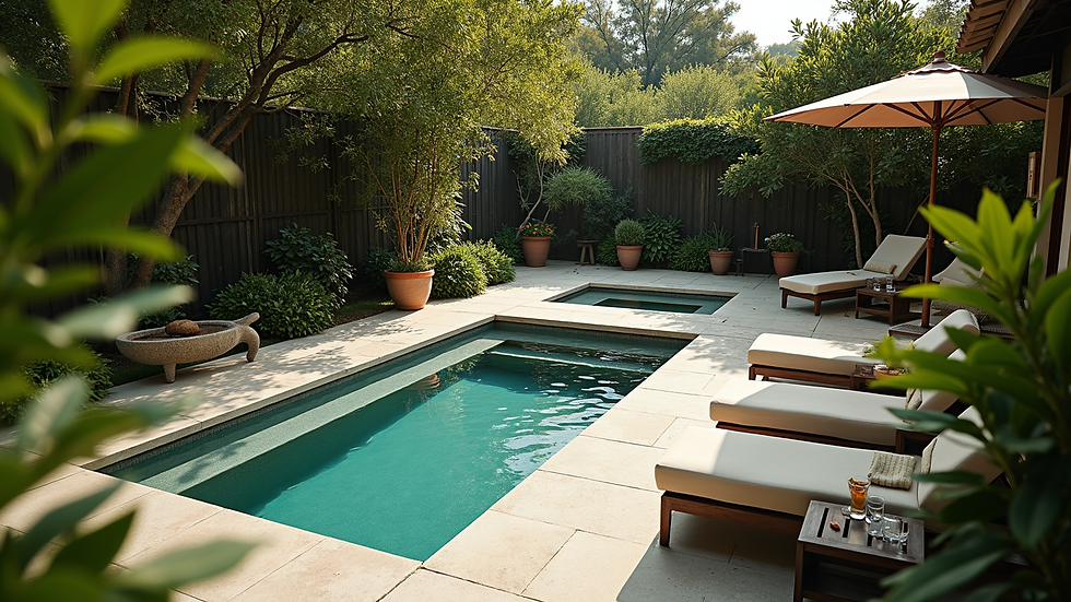 High angle view of a serene outdoor spa area surrounded by nature