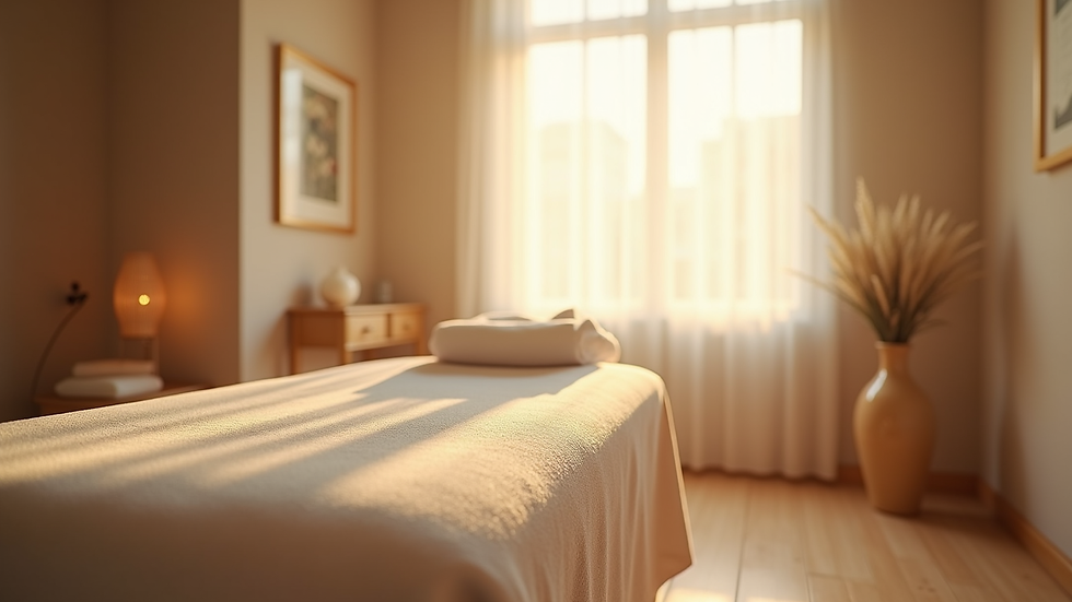 Eye-level view of a calm therapy room with massage table and soft lighting