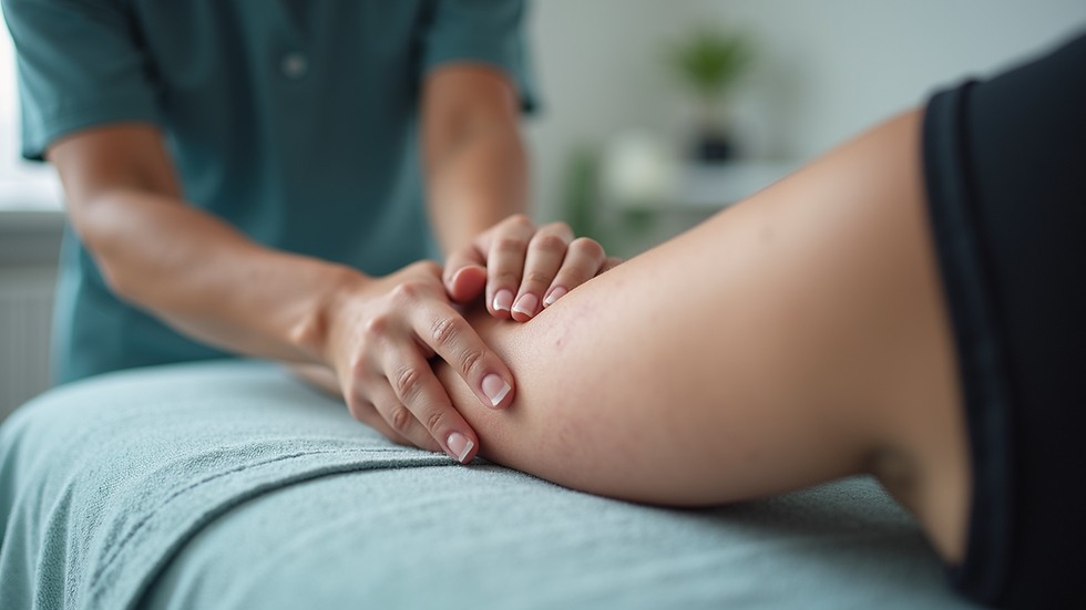 Close-up view of a therapist performing gentle lymphatic massage on a scarred arm