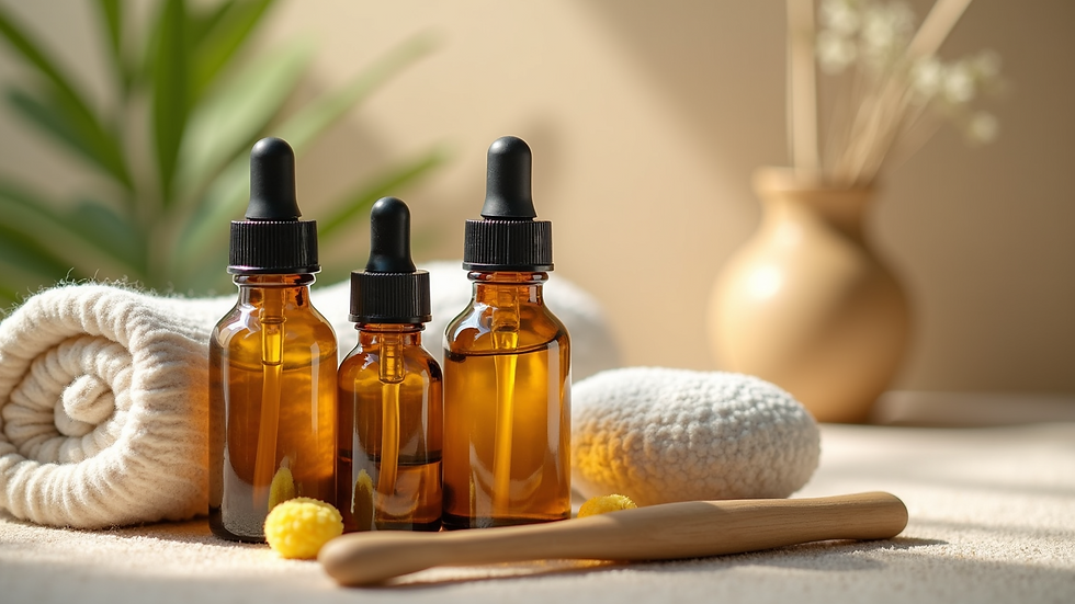 Close-up view of essential oils and soothing tools used for massage therapy