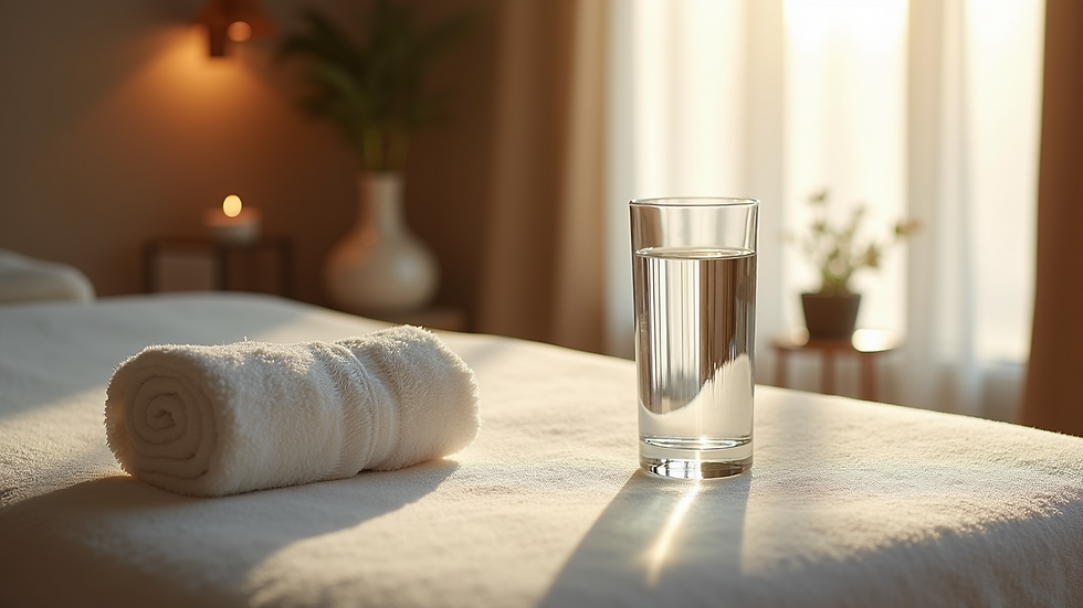 High angle view of a glass of water and a towel on a massage table