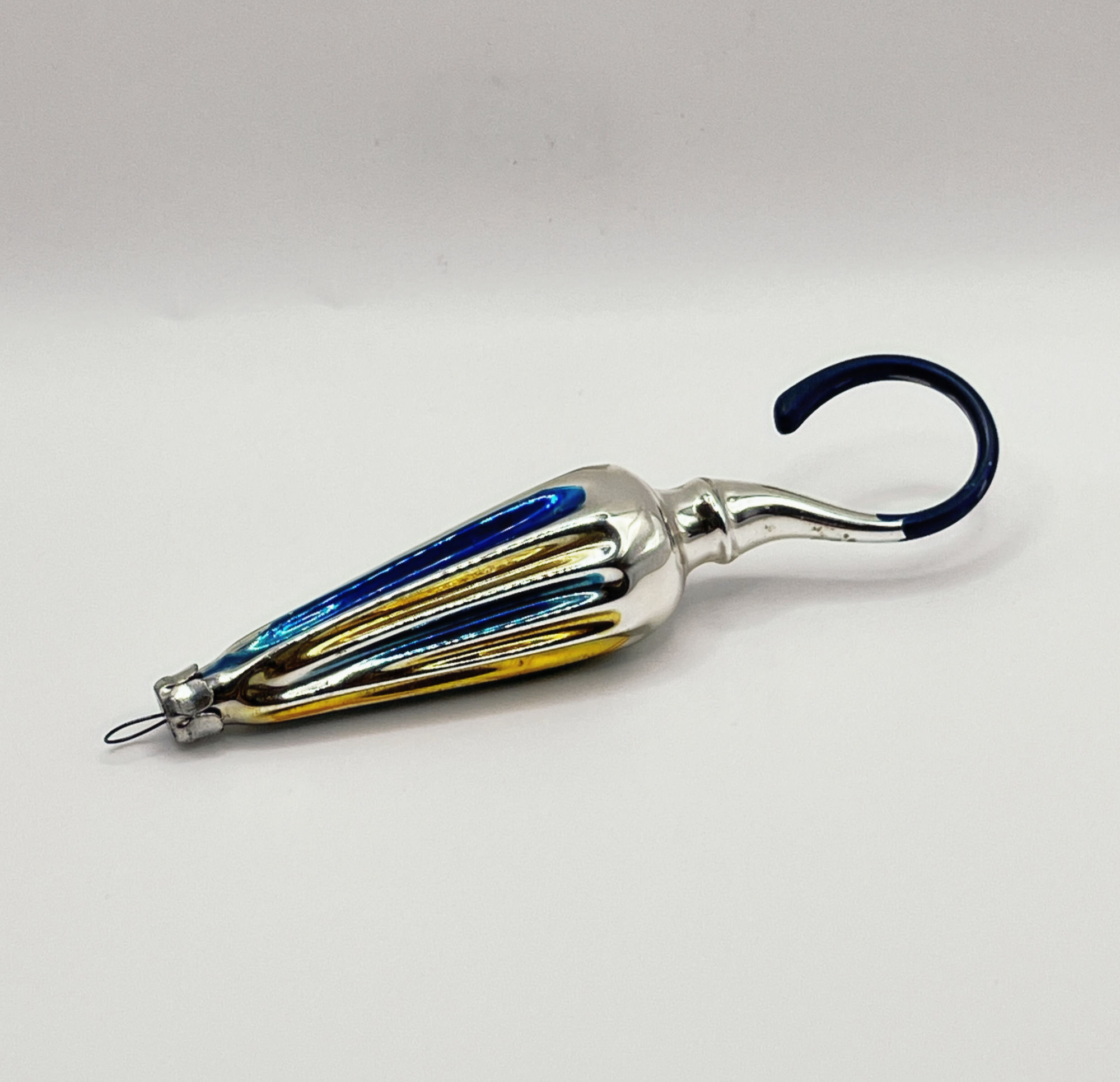 Vintage glazen kerstbal, paraplu, zilver, goudgeel, (donker)blauw, 12,5cm