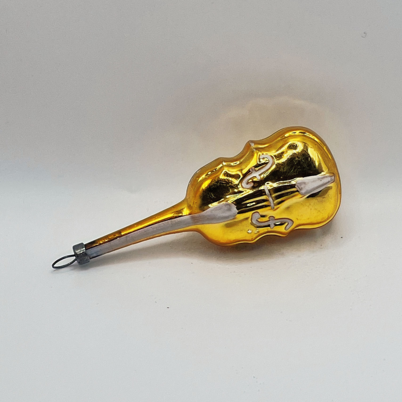 Vintage glazen kerstbal, viool, goudgeel, wit, 9cm