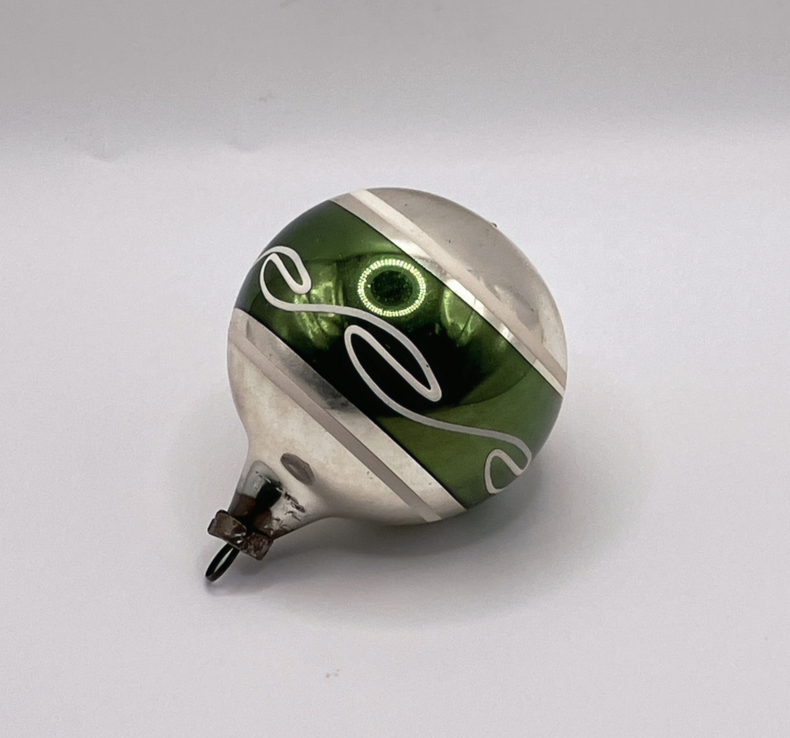 Vintage glazen kerstbal, zilver, groen, wit, Ø5cm