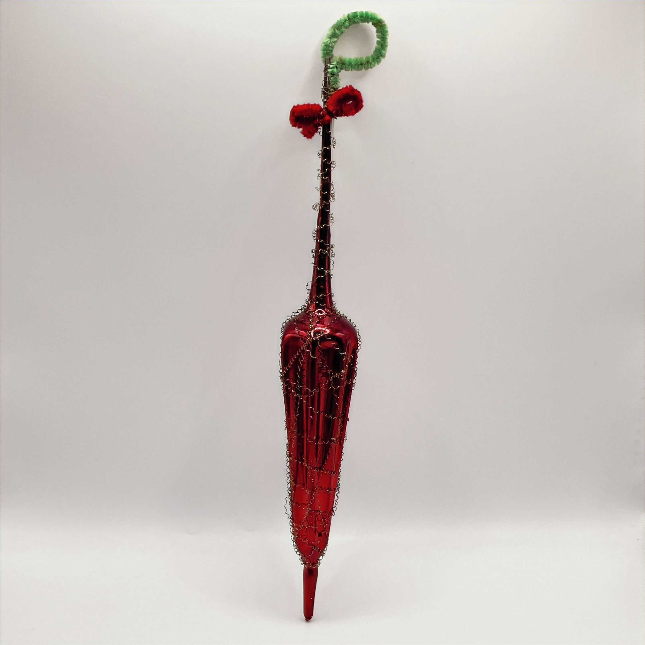 Vintage glazen paraplu, Victoriaans, rood met chenille, Leonisch draad, 23cm