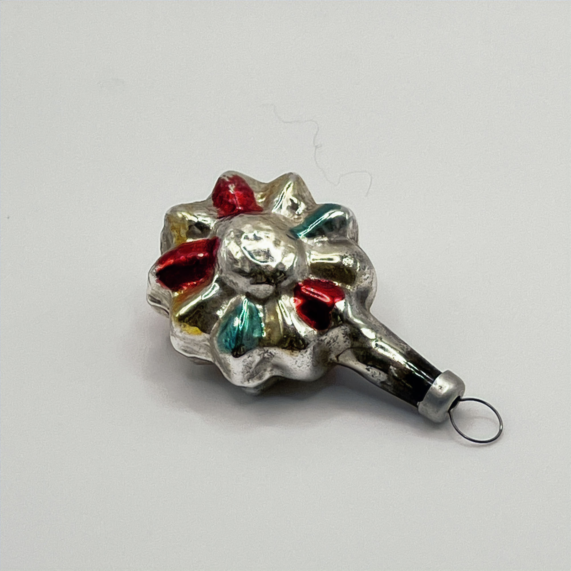 Vintage glazen kerstbal, bloemvorm, groen, geel, blauw, Ø3cm