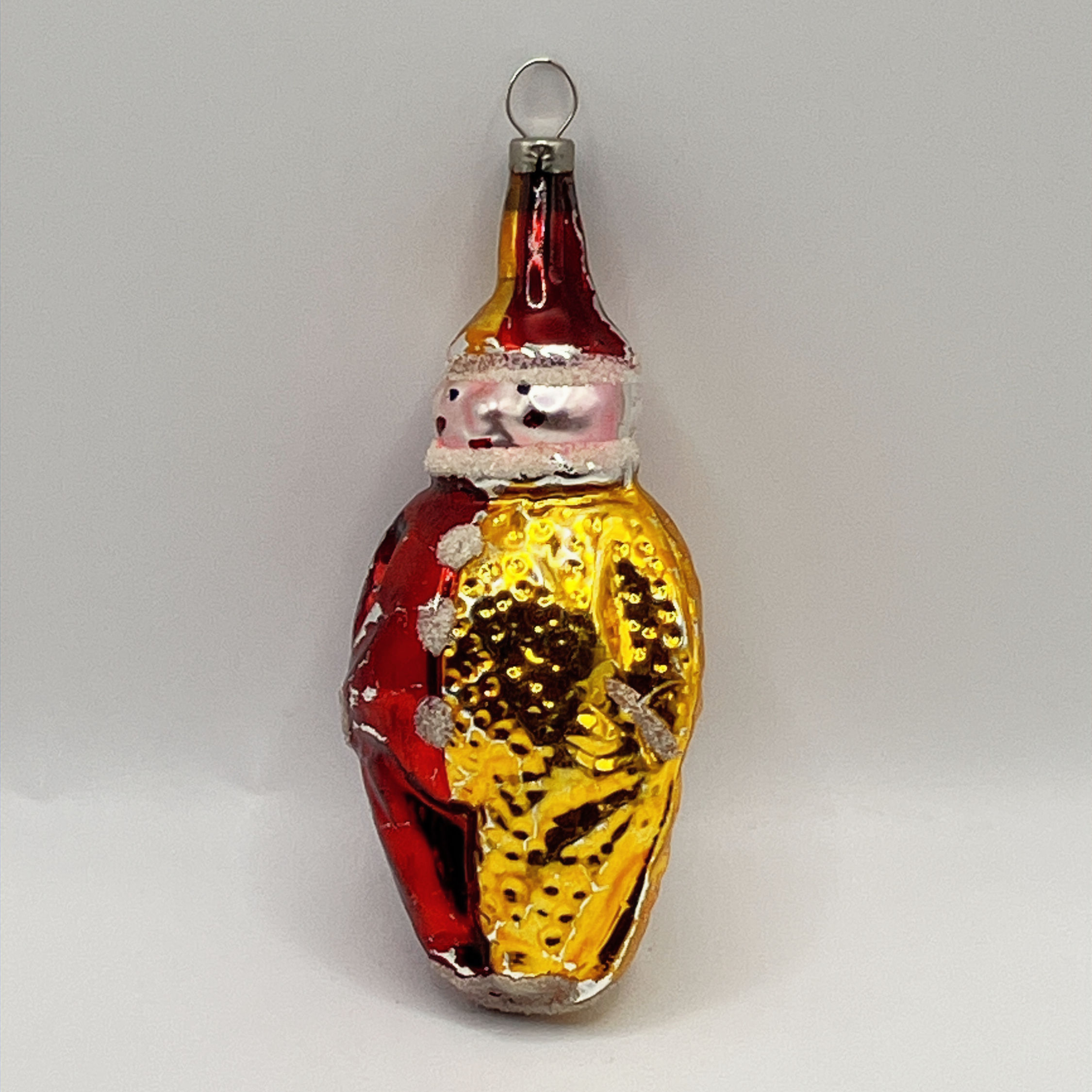 Vintage glazen kerstbal, clown, rood, geelgoud, wit gesuikerd, 9cm