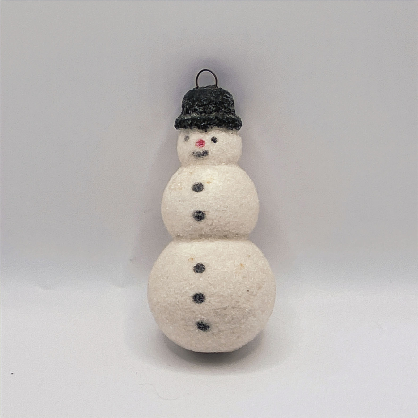 Vintage kerstbal, sneeuwpop van fijne witte mica, 9cm