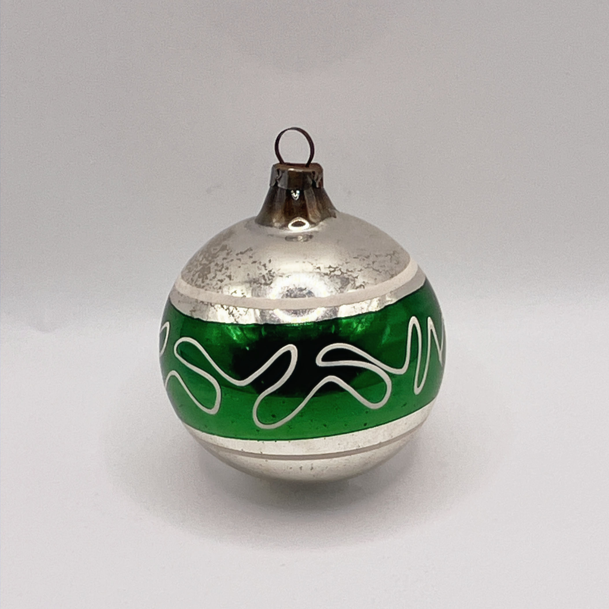 Vintage glazen kerstbal, zilver, groen, wit, Ø5cm