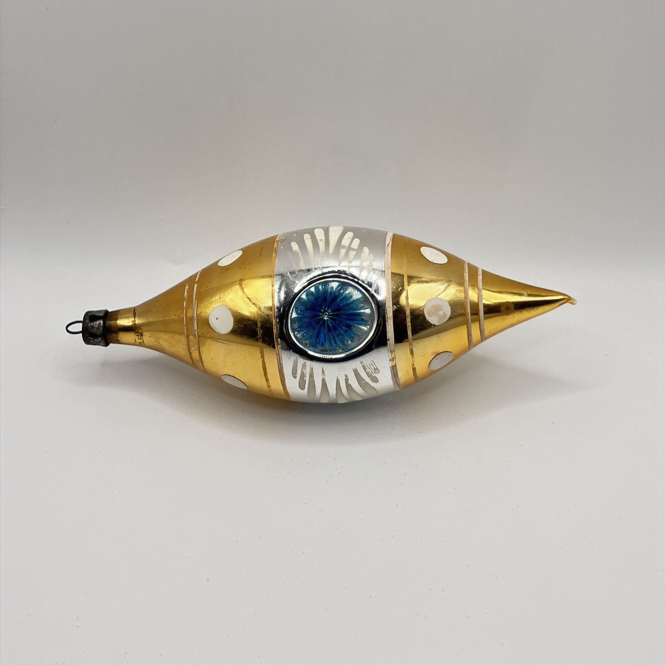 Vintage glazen deukbal, goudgeel, zilver en blauw, 13cm