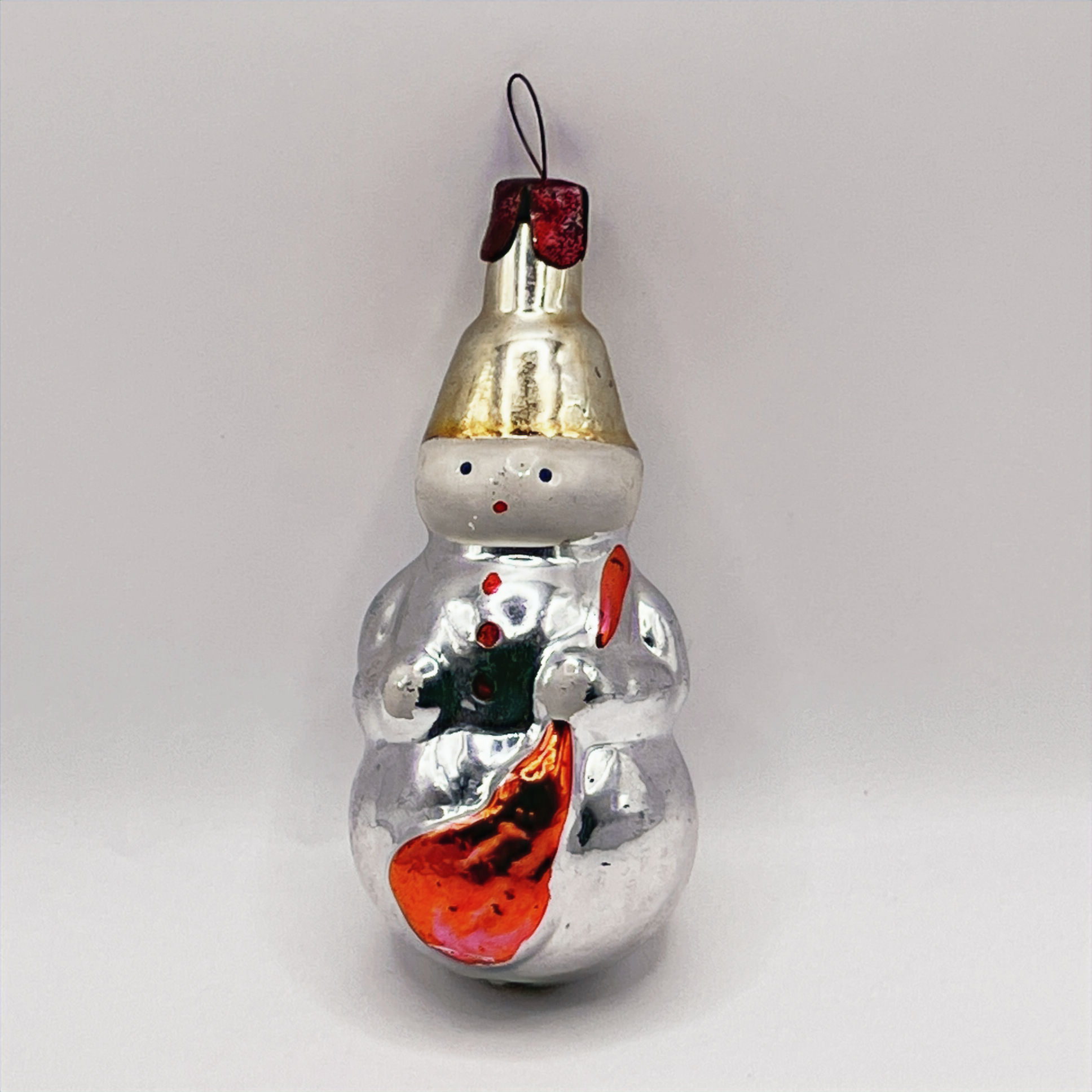 Vintage glazen kerstbal, sneeuwpop met zak, zilver, goud, rood, 12cm