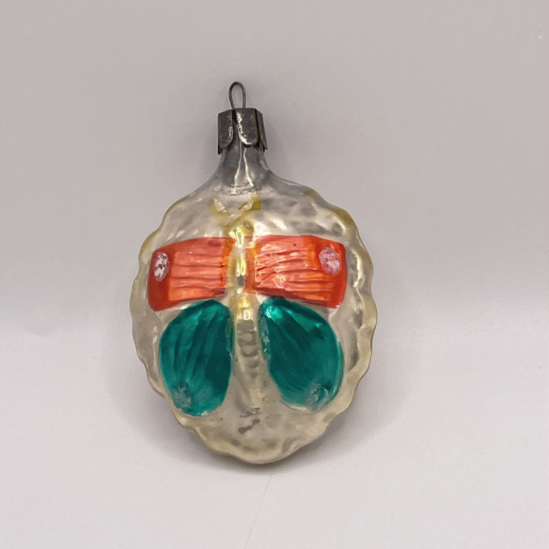 Vintage glazen kerstbal, vlinder in reliëf, 7cm