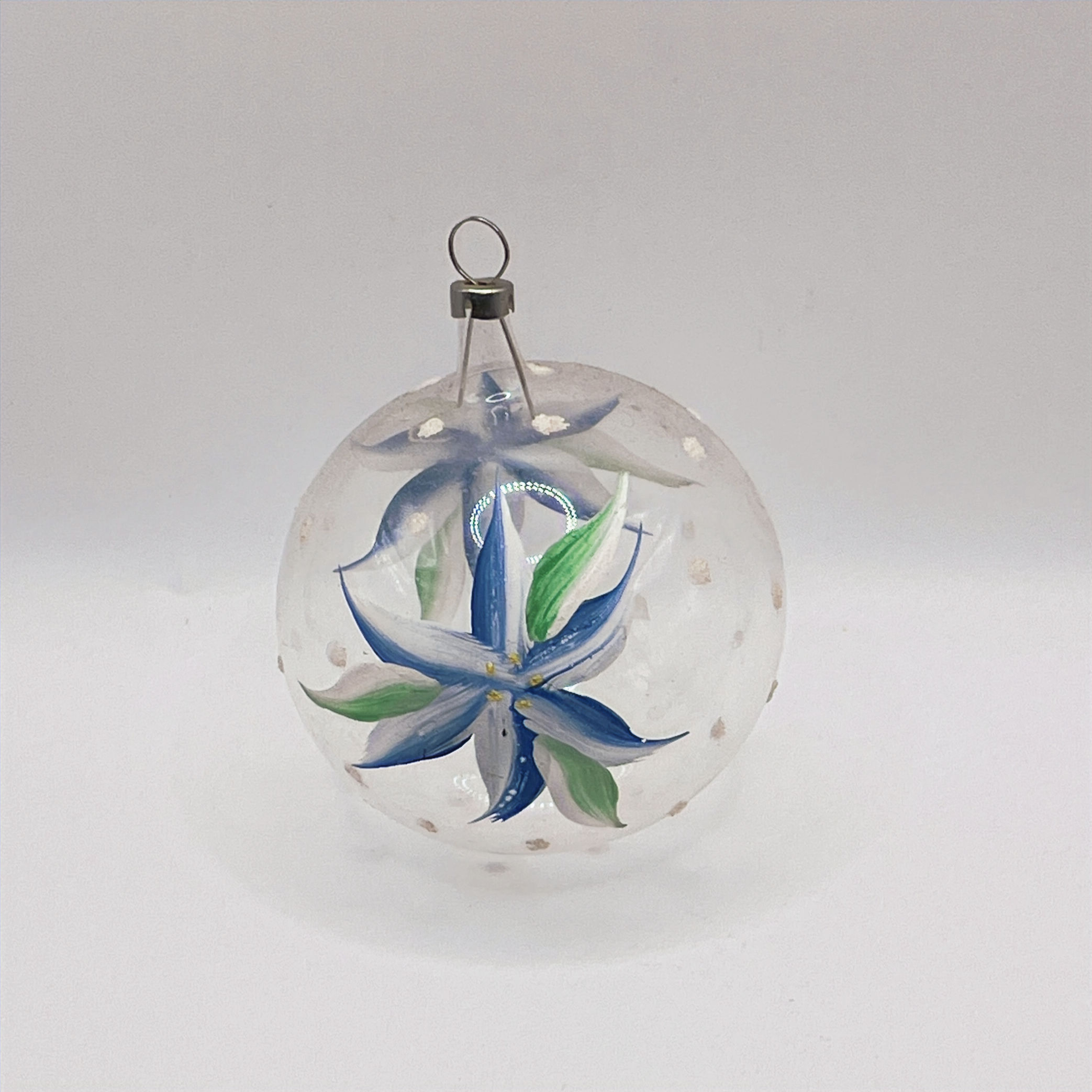 Vintage glazen kerstbal, transparant, bloem beide zijden, gesuikerd, Ø6,5,cm