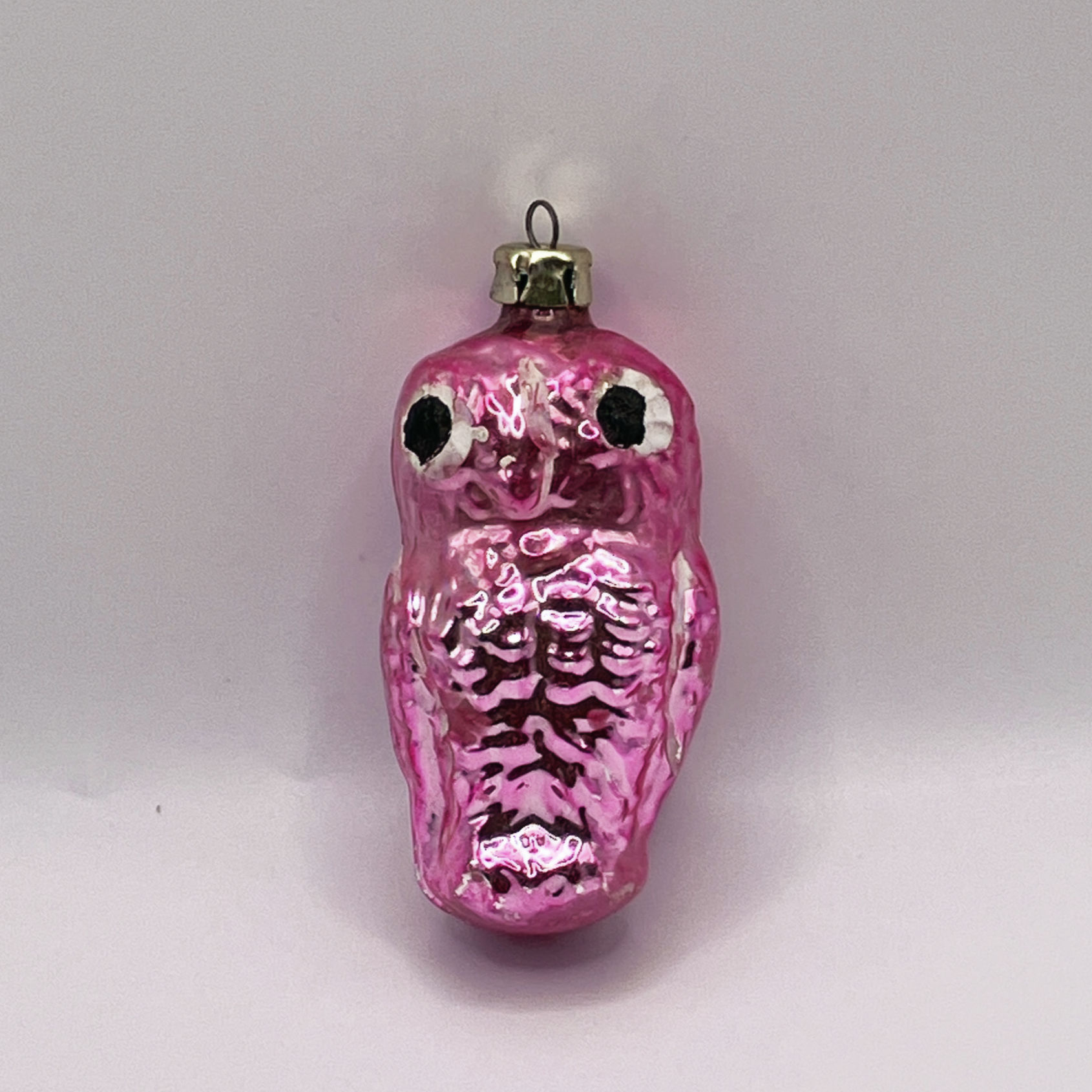 Vintage glazen kerstbal, uiltje, roze, 7,5cm