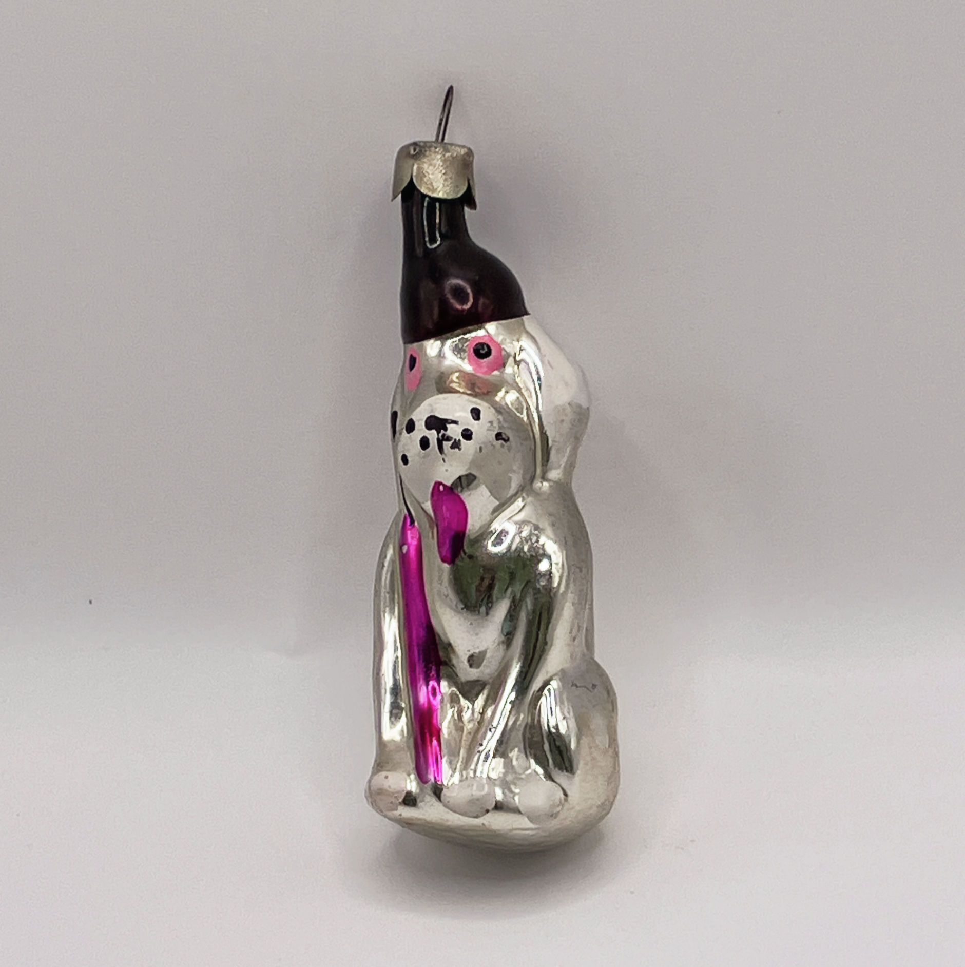 Vintage glazen kerstbal, hondje, zilver, roze, zwart, 8cm