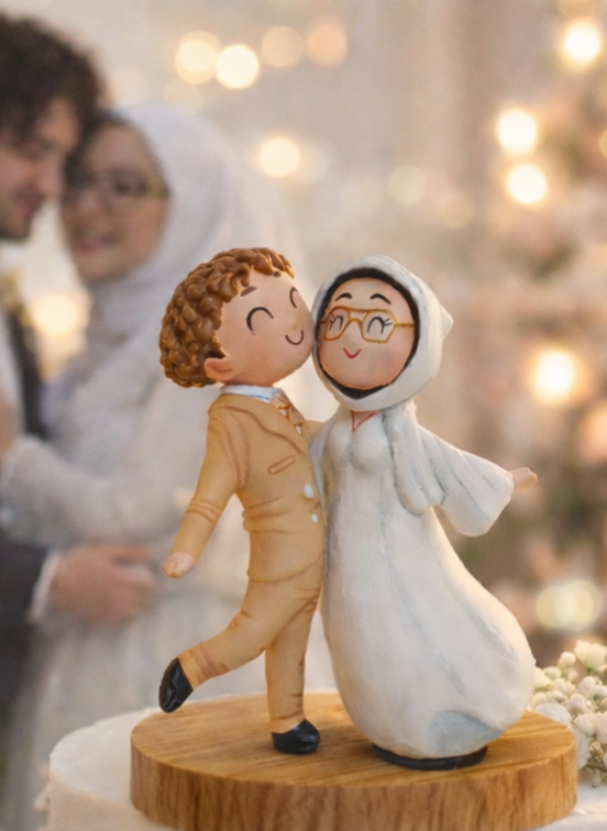 Figurine de mariage personnalisée couple de mariés avec voile musulman et tenues élégante
