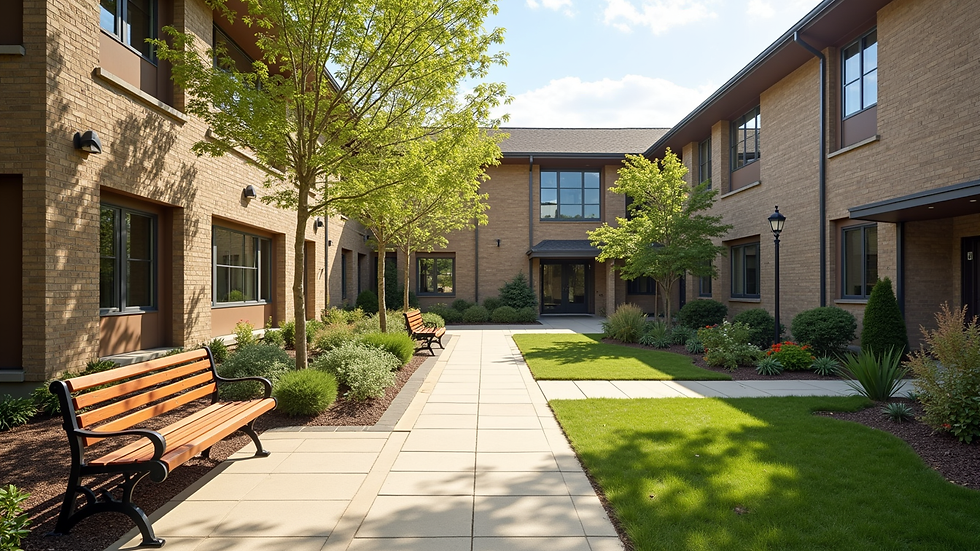 Wide angle view of a residential care facility courtyard with walking paths and benches