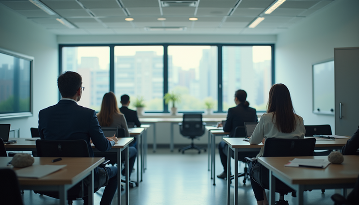 Eye-level view of a conference room set up for a polygraph training session with tables, chairs, and equipment