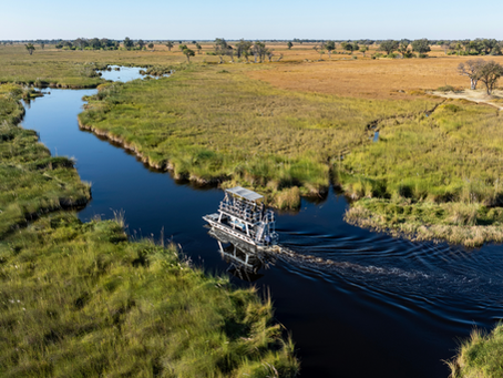 A boat exploring the channels of the Okavango Delta in Moremi Game Reserve