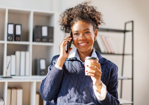 Phone call, laptop and research with Business in afro hair in office for stock broker, acc