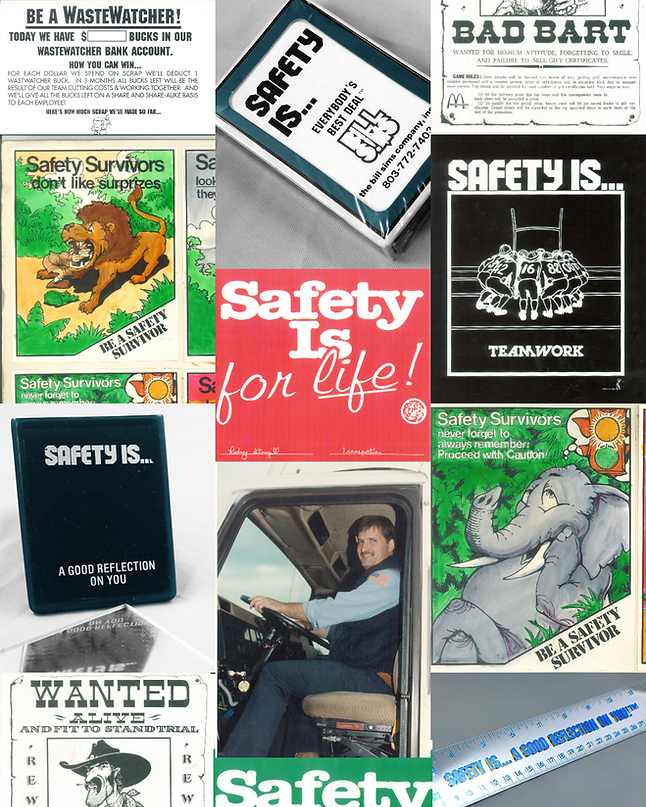 collage of archival safety posters and learning materials provided by the Bill Sims Company, Inc.