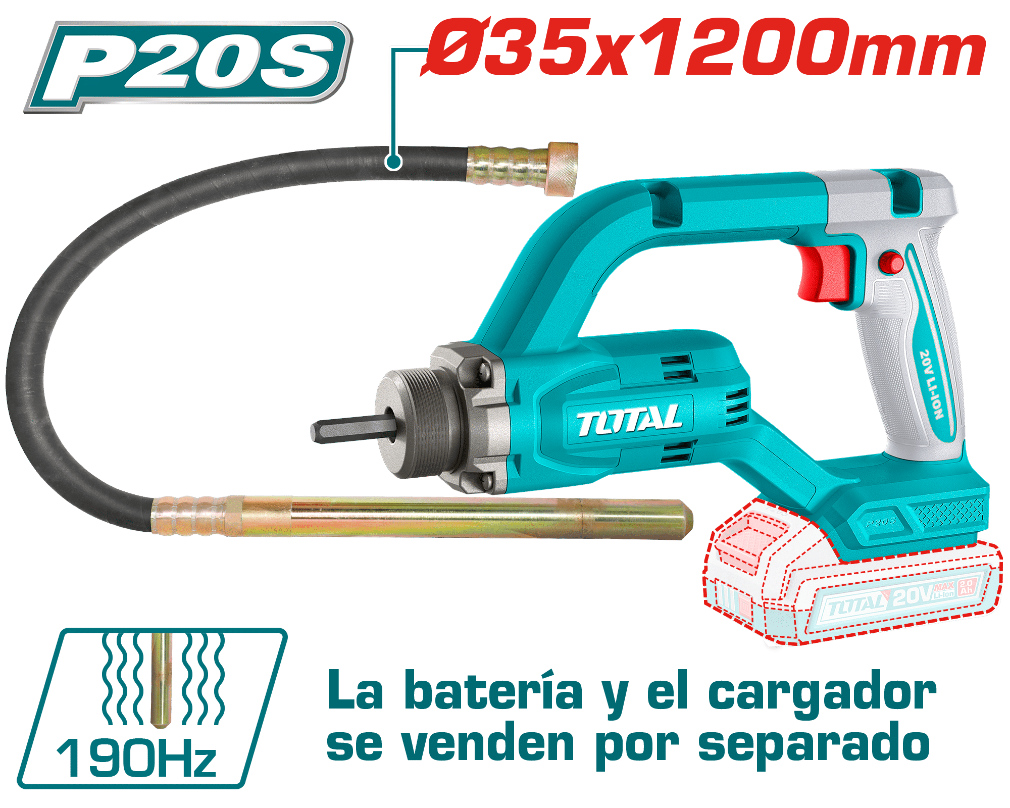 VIBRADOR CONCRETO 20V 2500RPM VIB: 190HZ + POKER 35X1200MM