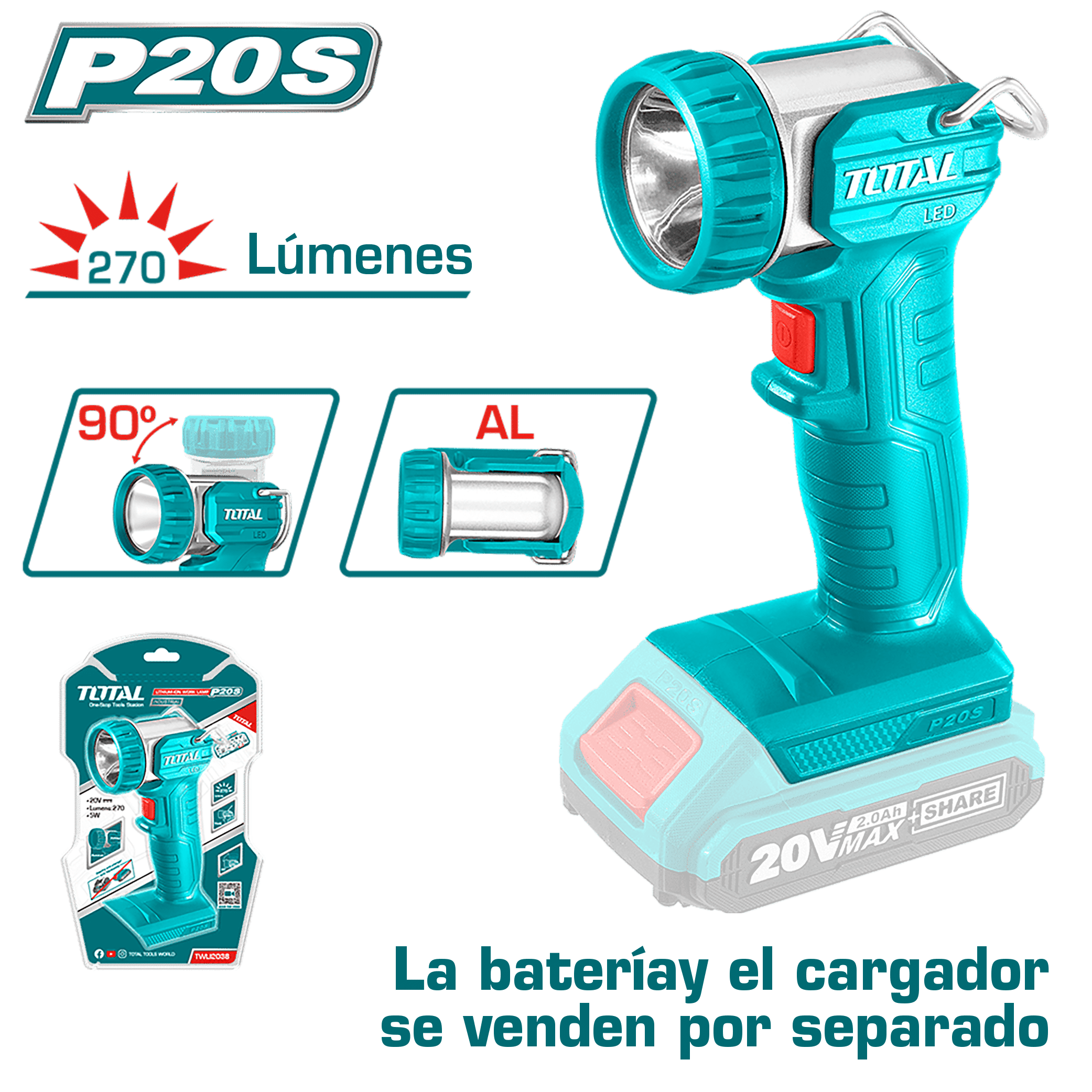 LINTERNA DE TRABAJO 20V LED:5W P20S 270LUM GIRO 90º PROFESIONAL
