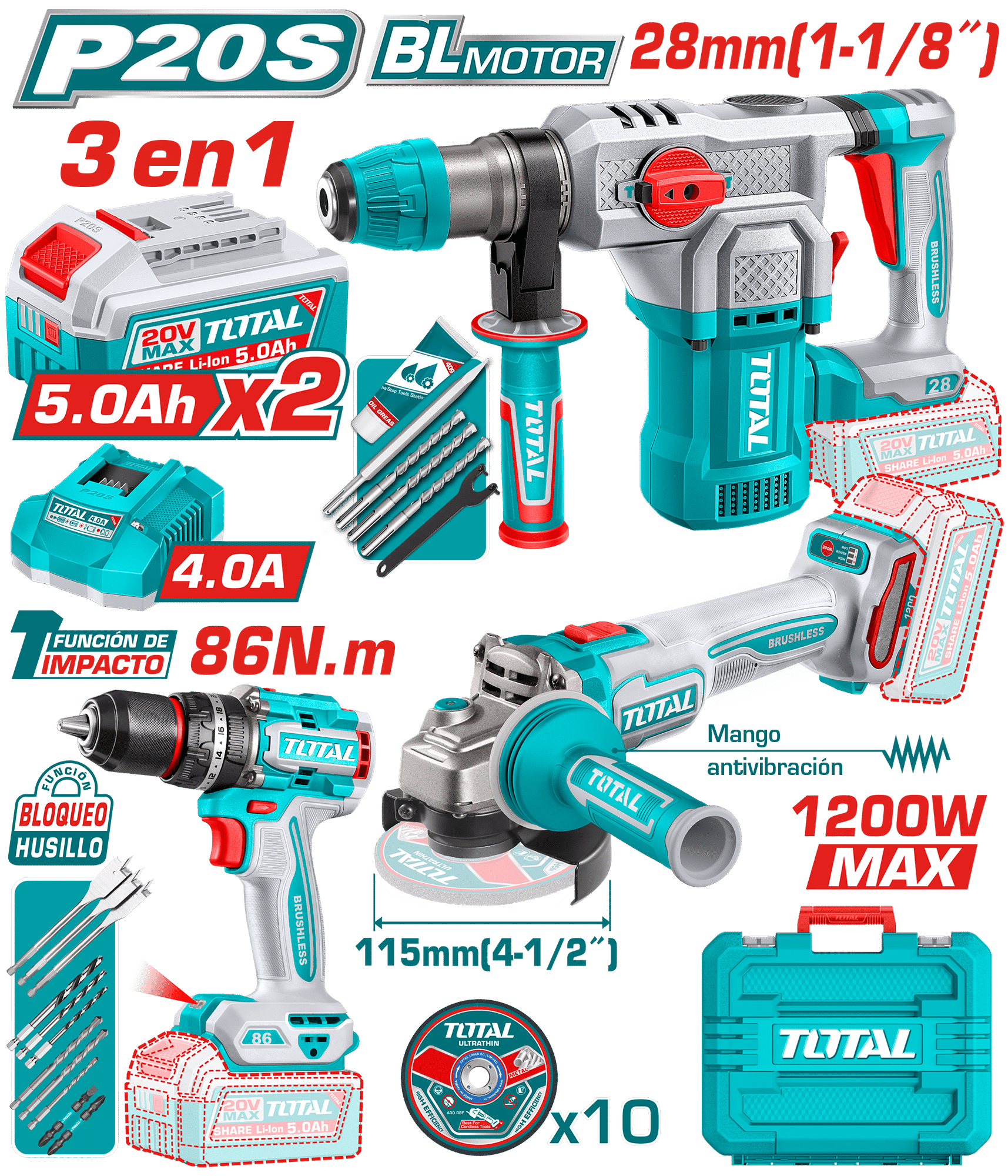COMBO (3EN1) 20V TALADRO P + ROTOMARTILLO 28 + AMOLADORA 2X5.0AH + ACCESORIOS IN