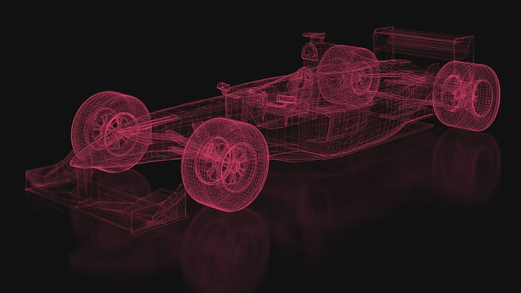 Red wireframe 3D model of a formula racing car