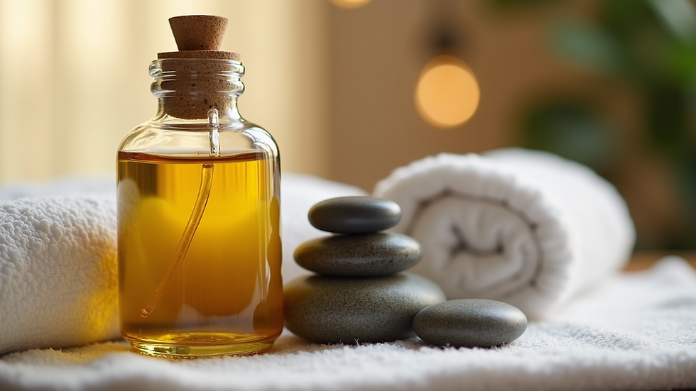 Close-up view of massage oils and stones arranged on a soft towel