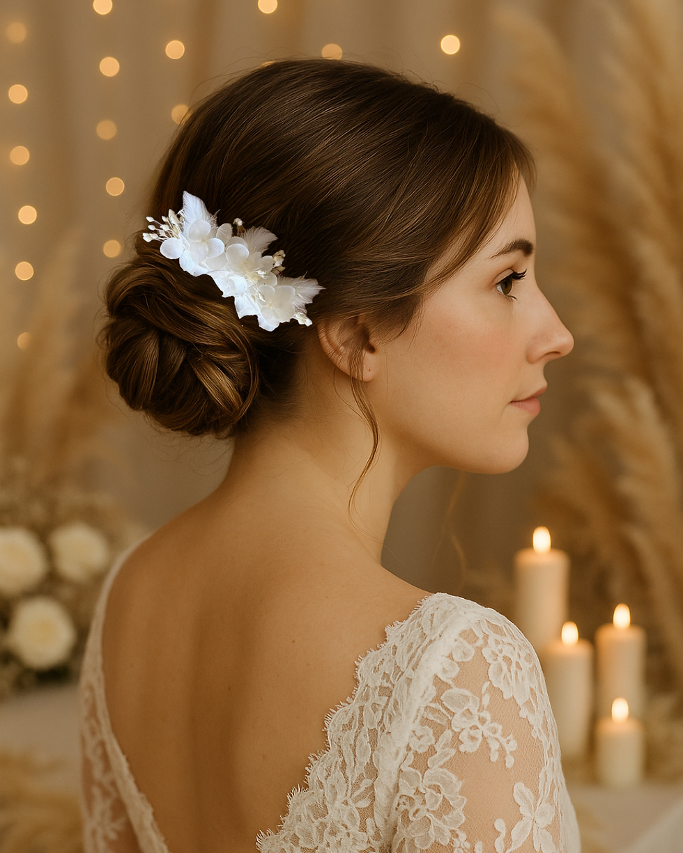Découvrez le peigne de mariée en fleurs séchées signé Maison du Soleil by Angelina, l’accessoire indispensable pour une coiffure bohème chic et naturelle. Fait main en France.