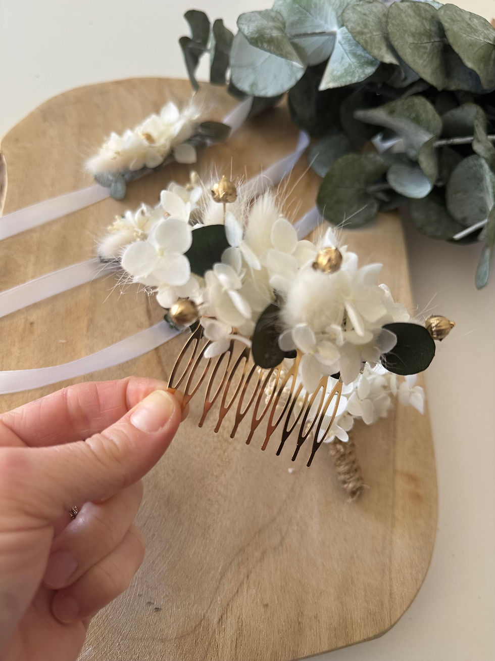 Miniature : Peigne de mariage en fleurs séchées - Accessoire bohème chic pour mariée