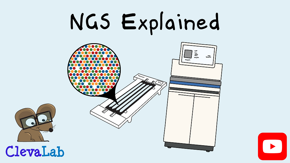 A thumbnail for ClevaLab's Next Generation Sequencing video — A Step-By-Step Guide to DNA Sequencing, showing sequencing instruments, a flow cell, DNA sequences and the ClevaLab mouse.