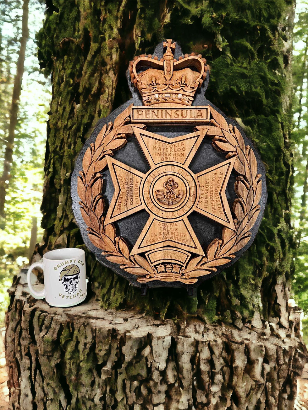 Thumbnail: Royal Green Jackets hand carved wooden military crest in natural hardwood finish displayed