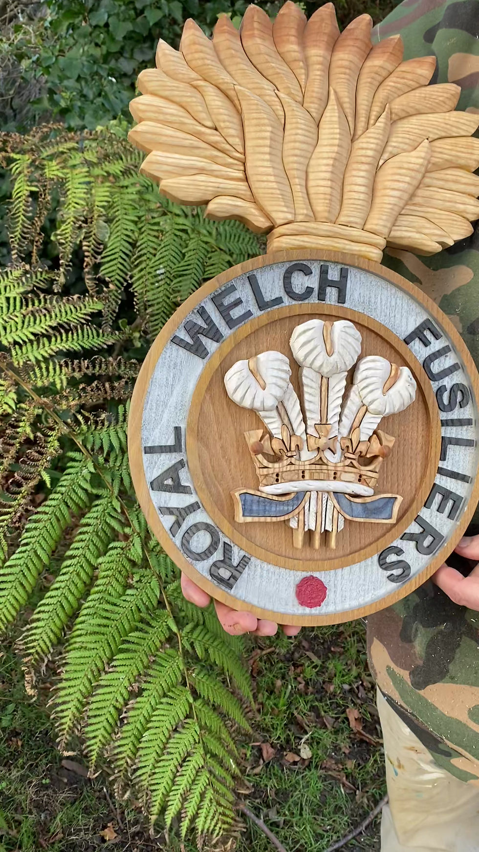 Thumbnail: Royal Welch Fusiliers hand carved wooden military crest in natural hardwood finish video
