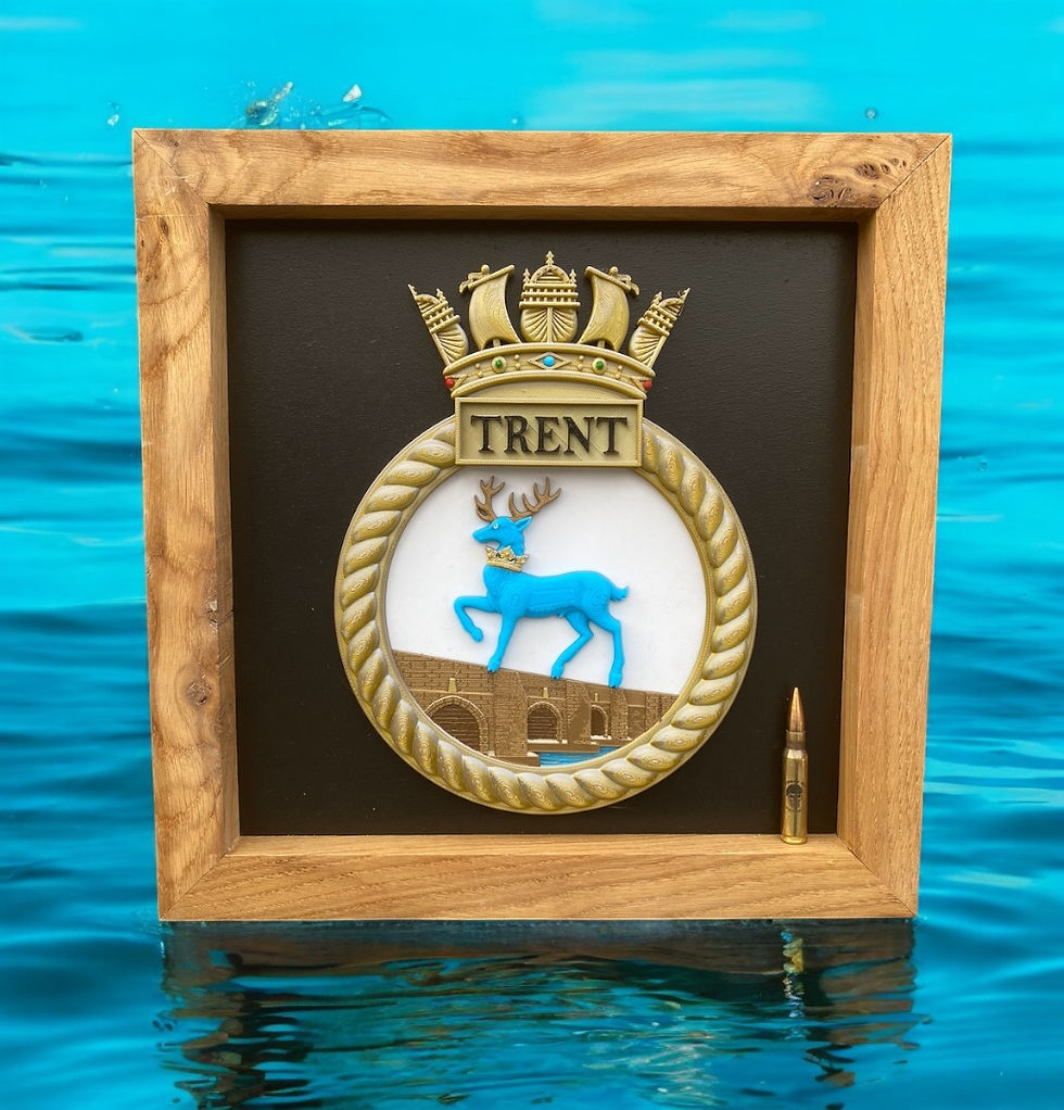 Thumbnail: HMS Trent ship’s crest full colour 3D printed naval crest in frame, MOD licensed veteran made Royal Navy display plaque