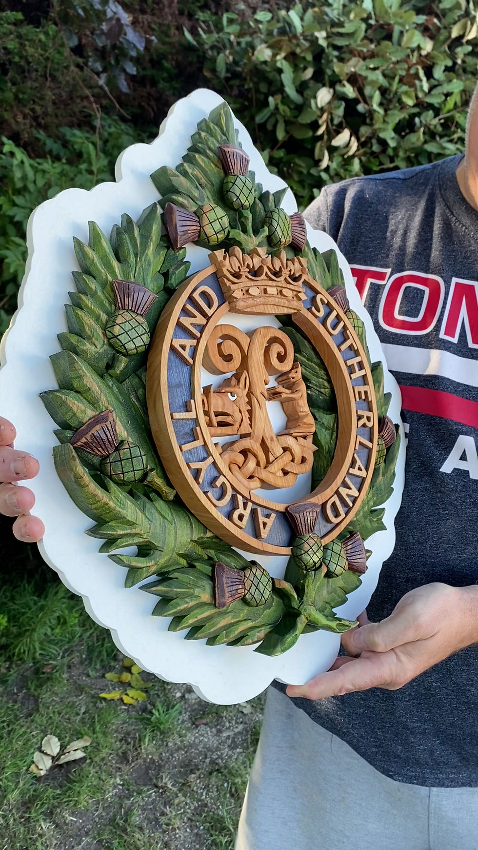 Thumbnail: Argyll and Sutherland Highlanders hand carved wooden military crest in natural hardwood finish presentation gift detail video