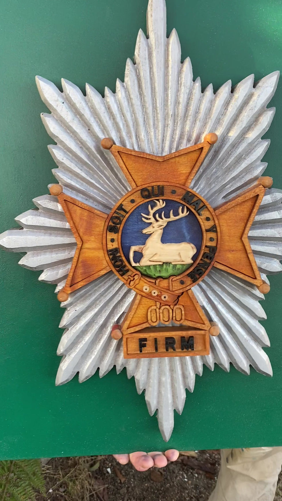 Thumbnail: Sherwood Foresters wooden military crest handcrafted from solid hardwood detail video on green mounting