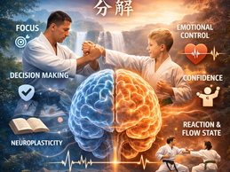 Karate instructor and child practicing bunkai in a calm dojo setting with a glowing brain illustration, symbolising focus, emotional control, neuroplasticity, and the mind-body connection developed through kata application training.