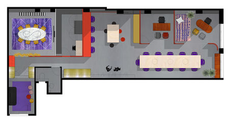 Plano de distribución de oficina creativa o Estudio de Música. Diseño de planta con zonificación por color.