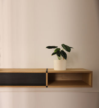 Mueble flotante de diseño para almacenaje en salón o dormitorio. Combinación de madera y acabado mate.