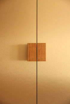 Detalle puerta con chapado metalizado color champagne pomos madera maciza.