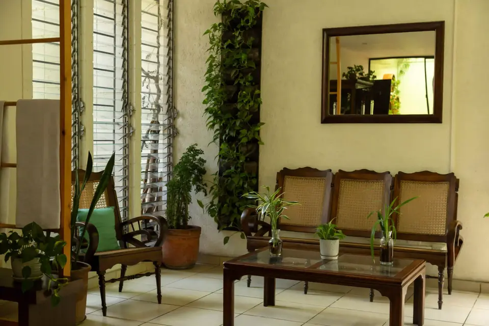 Sala de descanso con muebles de madera y plantas naturales en Hotel Árbol de Fuego El Salvador