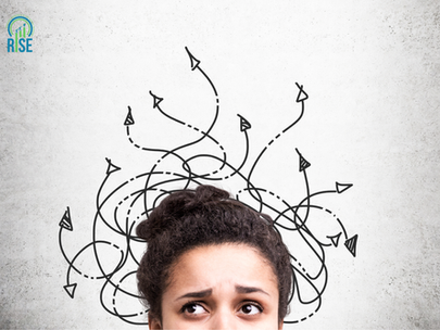 A close-up of a person's head with tangled arrows drawn above, symbolizing confusion or indecision.