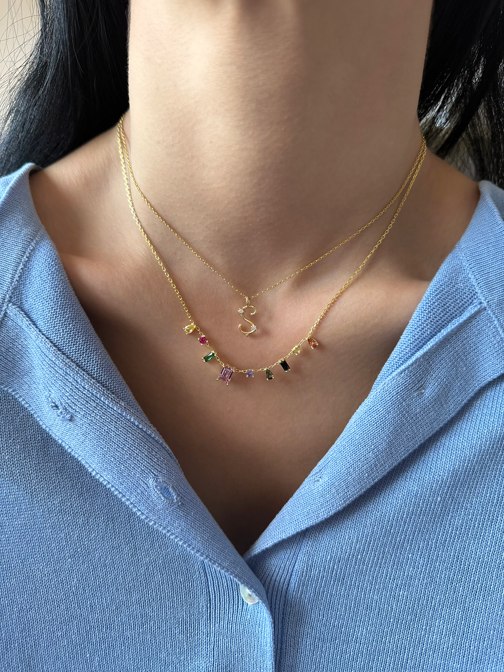 Thumbnail: Renkli Baget Taş Detaylı Kolye | 925 Ayar Gümüş